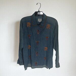 Vintage Hairston-Roberson Camisa- Western Denim Aztec shirt -M- 100% Cotton-USA